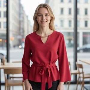 Marc New York Andrew Top Women's Small RedPullover V-Neck Tie Waist - size L